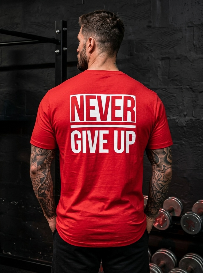 tryon_8_30_the_person_is_shown Never Give Up Motivation Tee - Image 1